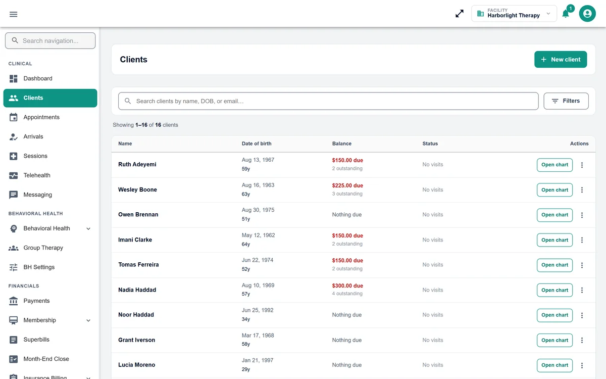 Client list showing each client's date of birth, balance due and an Open chart button