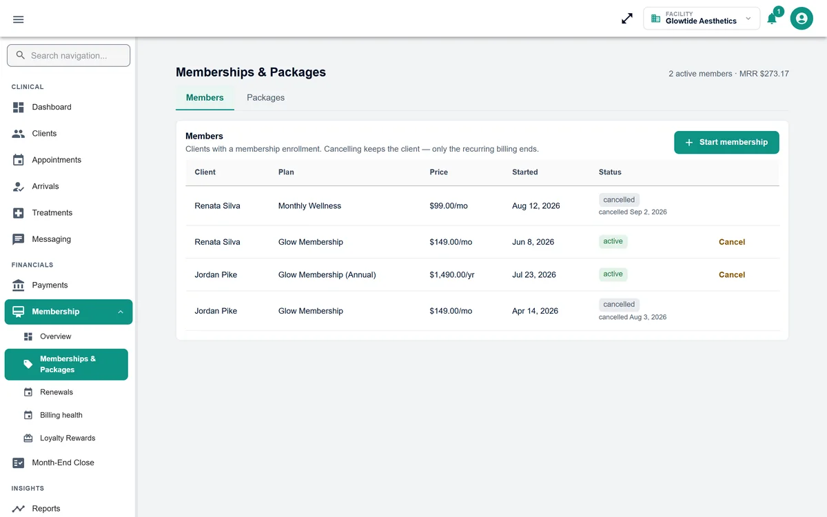 Memberships and prepaid packages with active members, plans and monthly recurring revenue