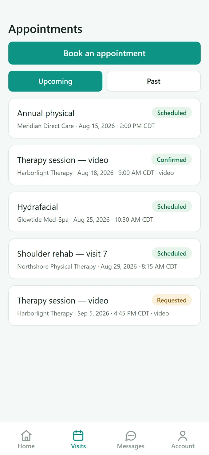 Appointments screen showing upcoming and past visits with status labels