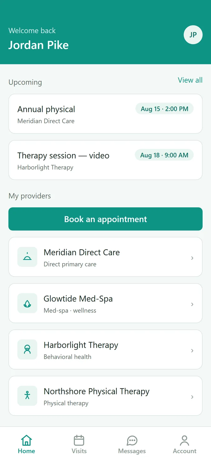 Branzino patient app home screen with upcoming appointments and the patient's providers
