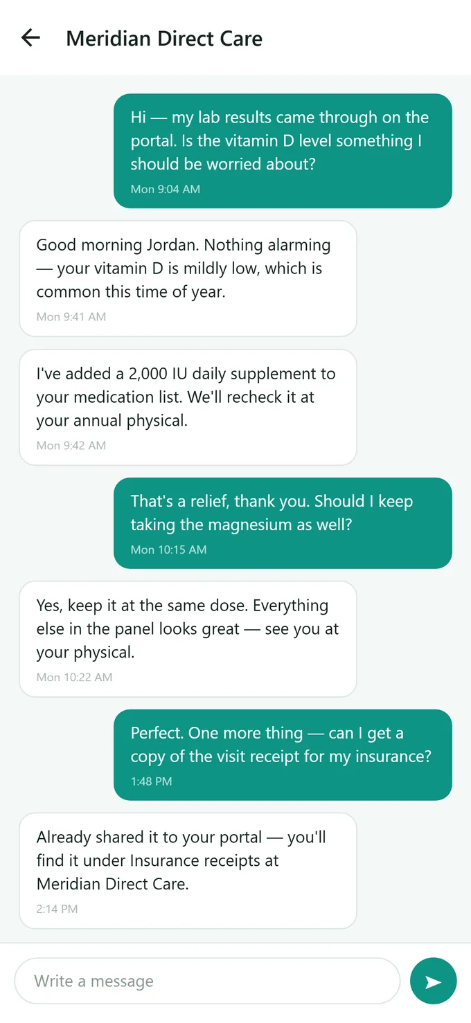 Secure message thread between a patient and their practice