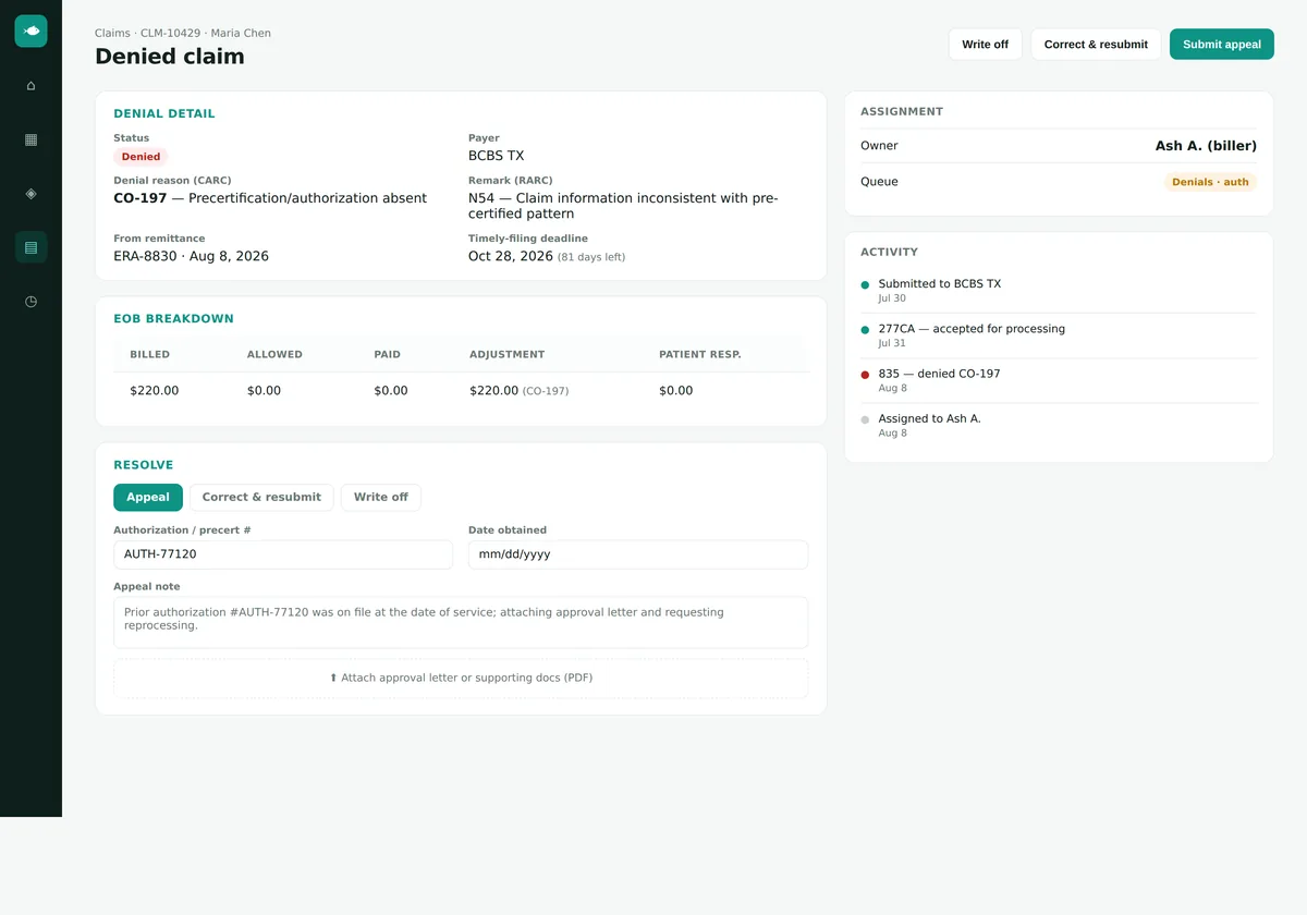 Denial worklist with reason codes and correct-and-resubmit and appeal actions