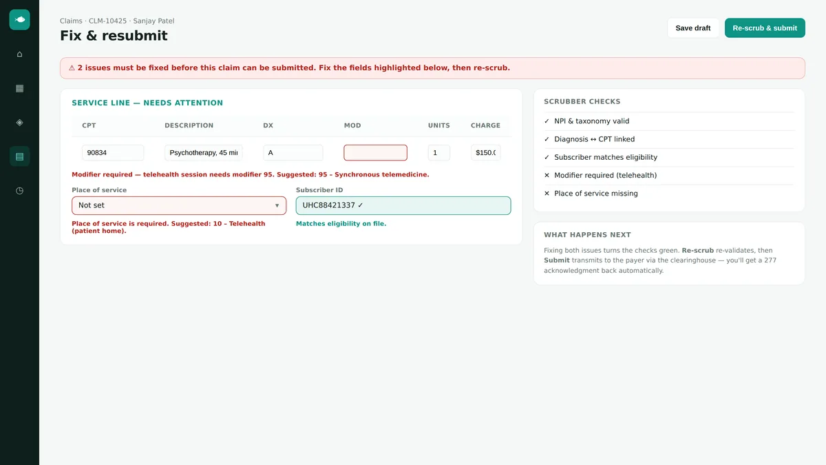 Claim scrubber flagging fixable errors inline before submission