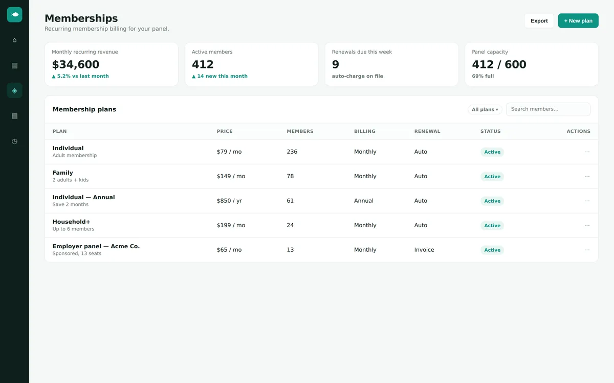 Membership billing dashboard