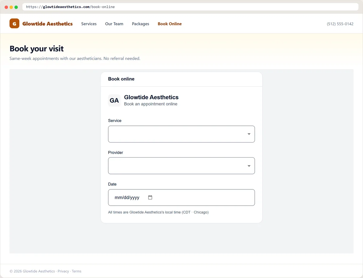 A practice website with the Branzino booking form embedded in the page under the practice's own logo