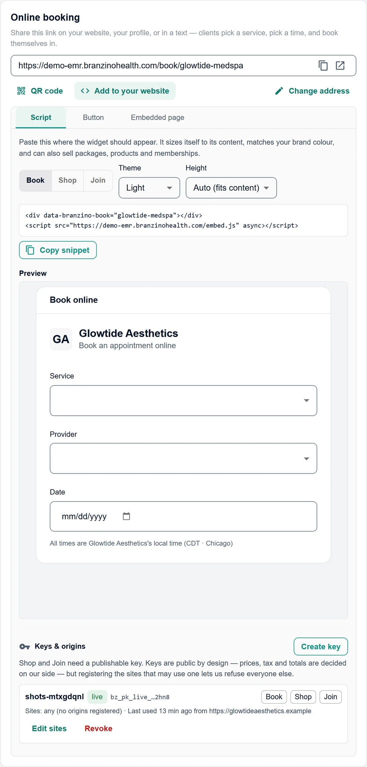 The Branzino branding settings screen showing a practice logo, a brand colour picker and a live preview of the booking form
