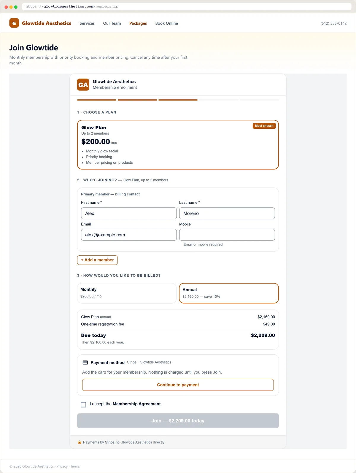 A membership signup flow on a practice website with plan tiers, household members and a monthly or annual billing choice