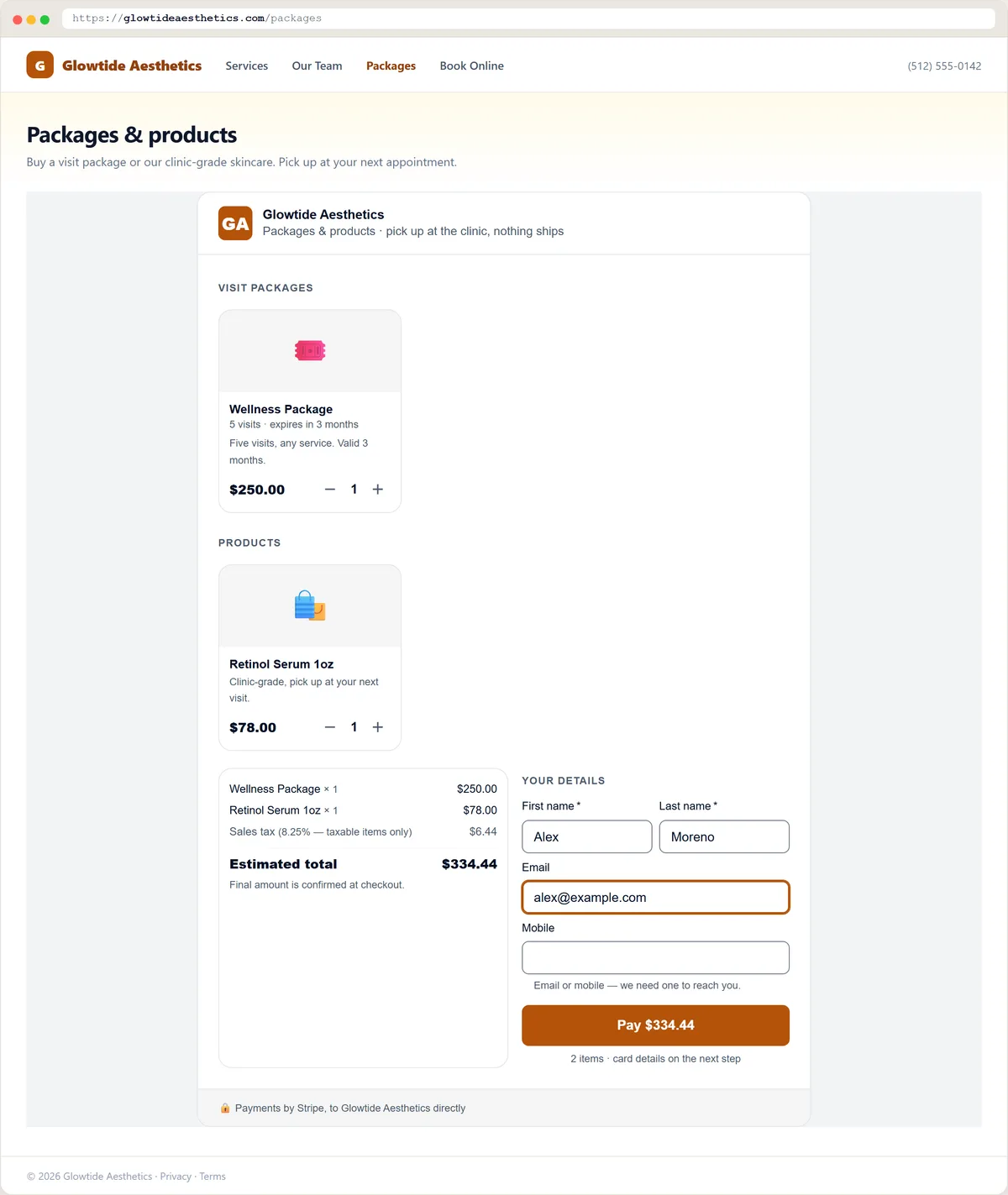 A practice website selling visit packages and products through an embedded Branzino checkout