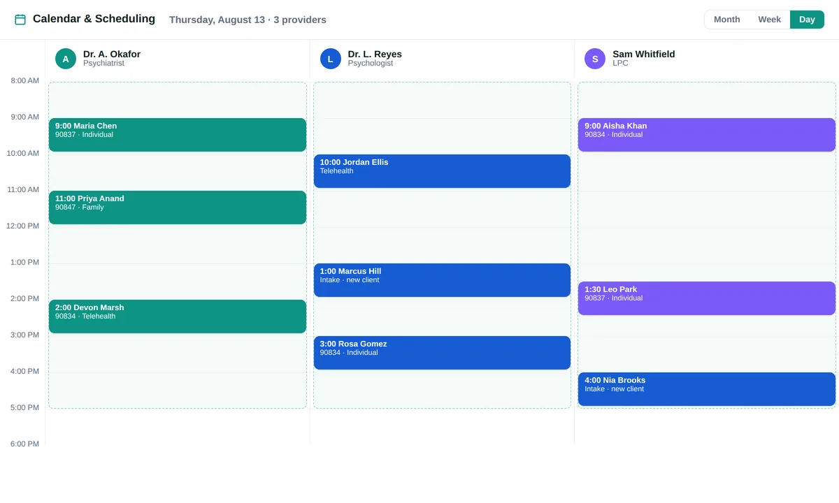 Team calendar with color-coded sessions across coaches and clinicians